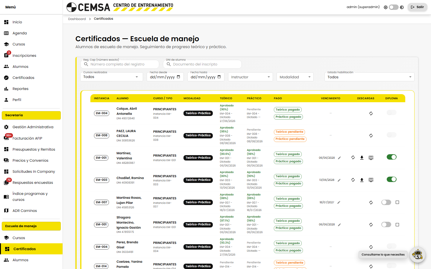 Escuela de manejo - Certificados